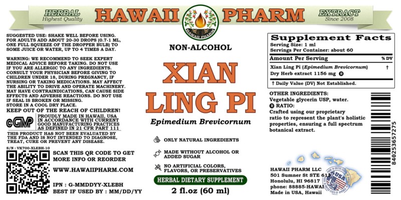 label of Xian Ling Pi (<i>Epimedium Brevicornum</i>) Dry Herb Glycerite