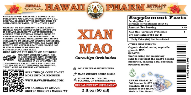 label of Xian Mao (<i>Curculigo Orchioides</i>) Dry Root Tincture