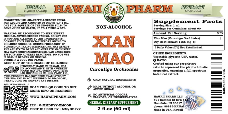 label of Xian Mao (<i>Curculigo Orchioides</i>) Dry Root Glycerite