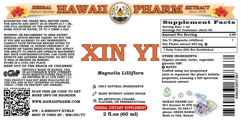 label of Xin Yi (<i>Magnolia Lilliflora</i>) Dry Flower Tincture