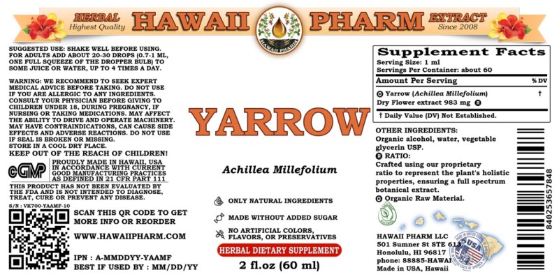 label of Yarrow (<i>Achillea Millefolium</i>) Dry Flower Tincture