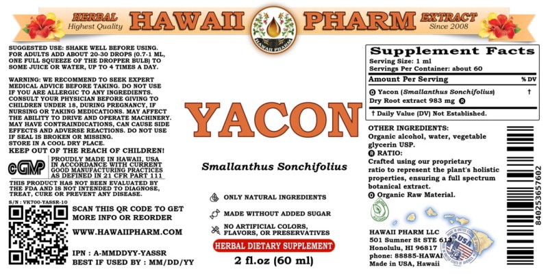 label of Yacon (<i>Smallanthus Sonchifolius</i>) Dry Root Tincture