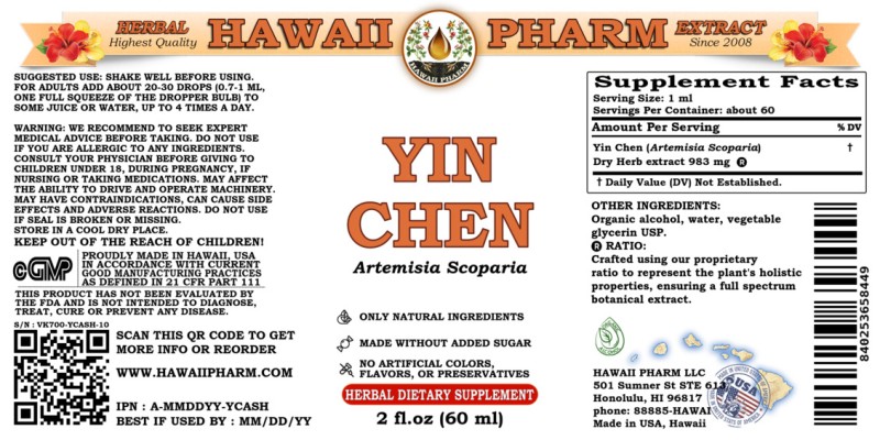 label of Yin Chen (<i>Artemisia Scoparia</i>) Dry Herb Tincture