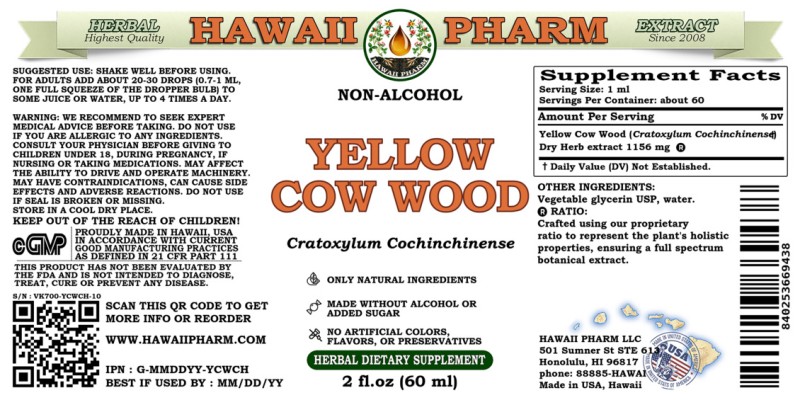 label of Yellow Cow Wood (<i>Cratoxylum Cochinchinense</i>) Dry Leaf Glycerite