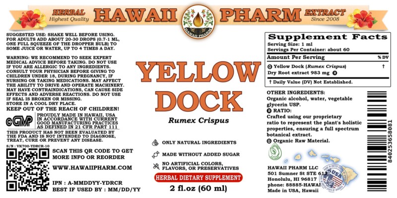 label of Yellow Dock (<i>Rumex Crispus</i>) Dry Root Tincture