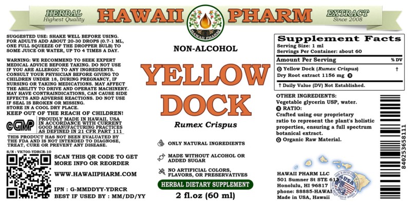 label of Yellow Dock (<i>Rumex Crispus</i>) Dry Root Glycerite