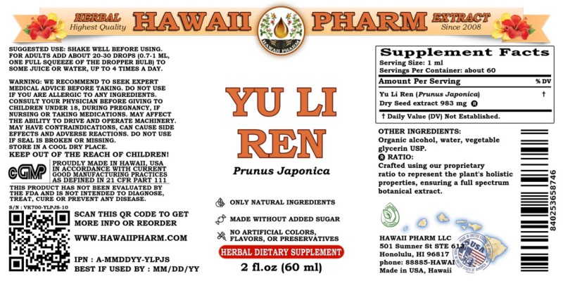 label of Yu Li Ren (<i>Prunus Japonica</i>) Dry Seed Tincture