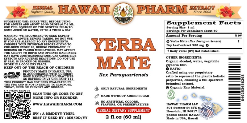 label of Yerba Mate (<i>Ilex Paraguariensis</i>) Dry Leaf Tincture