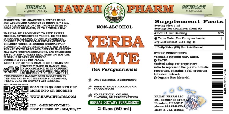 label of Yerba Mate (<i>Ilex Paraguariensis</i>) Dry Leaf Glycerite