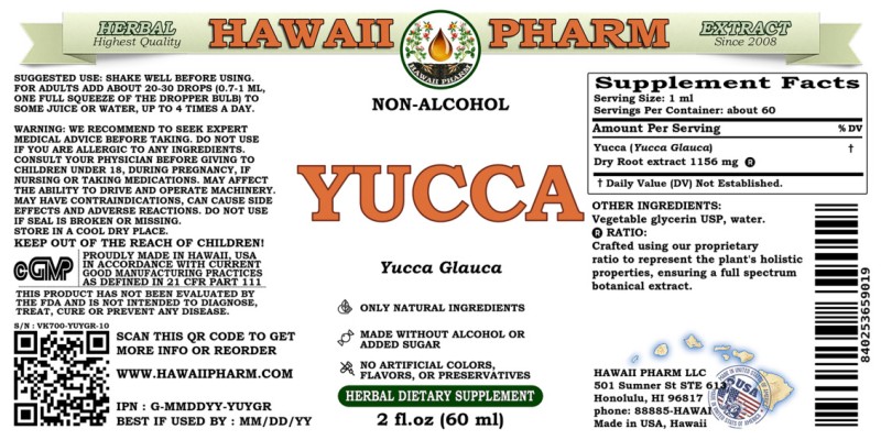 label of Yucca (<i>Yucca Glauca</i>) Dry Root Glycerite