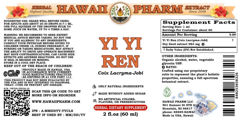 label of Yi Yi Ren (<i>Coix Lacryma-Jobi</i>) Dry Seed Tincture