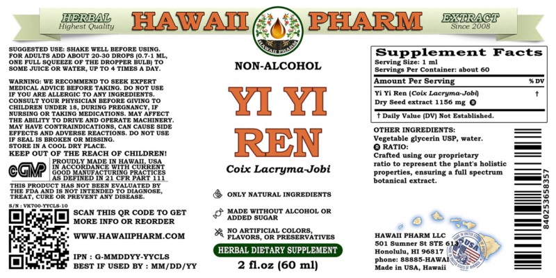label of Yi Yi Ren (<i>Coix Lacryma-Jobi</i>) Dry Seed Glycerite