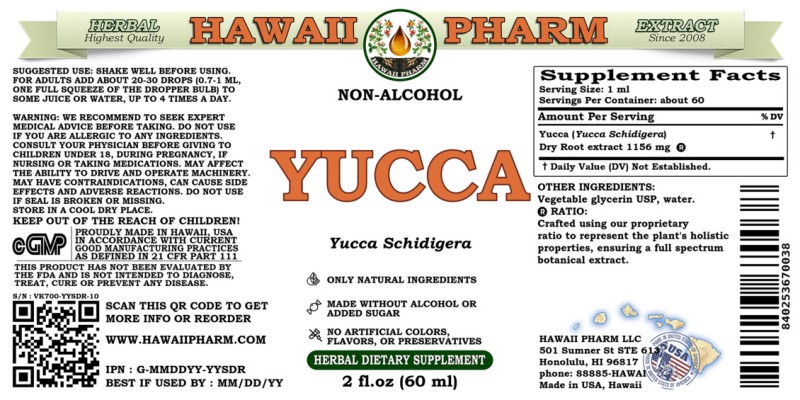 label of Yucca (<i>Yucca Schidigera</i>) Dry Root Glycerite