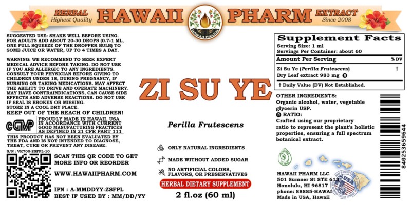 label of Zi Su Ye (<i>Perilla Frutescens</i>) Dry Leaf Tincture