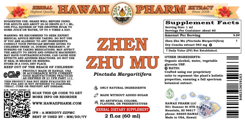 label of Zhen Zhu Mu (<i>Pinctada Margaritifera</i>) Dry Concha Tincture